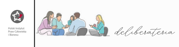 Obraz przedstawia grupę osób siedzących w kręgu i rozmawiających. Obok rysunku znajduje się napis "Deliberateria". Po prawej stronie jest logo Polskiego Instytut Praw Człowieka i Biznesu przedstawiające postaci siedzące w kręgu.
